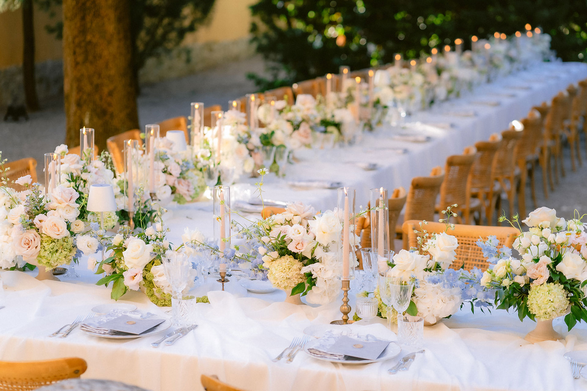 Refined Blue-Toned Wedding Tablescape in a Historic Villa in Tuscany